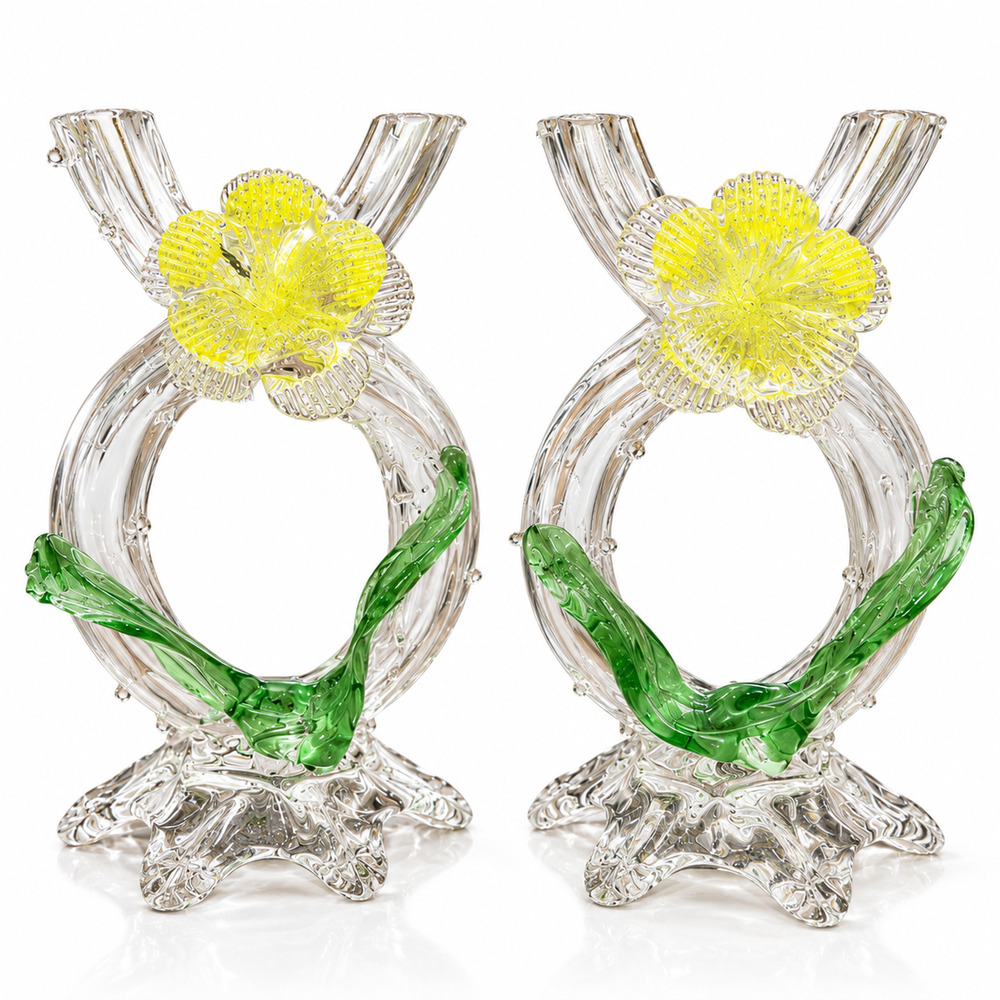 • PRISTINE Pair Antique Kralik Art Nouveau Glass Yellow Flower Loop Vases Set